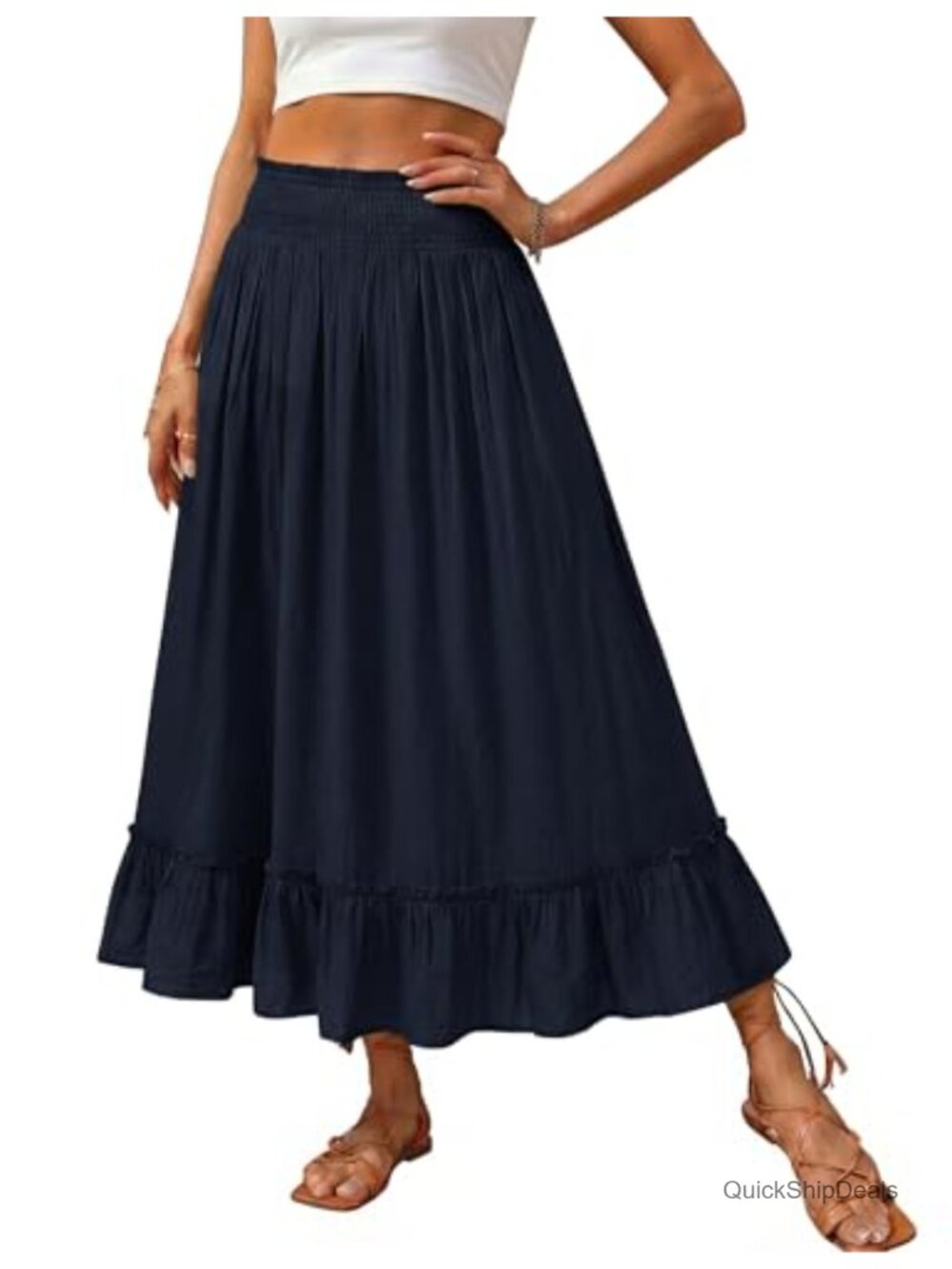 Flowy Ruffle Maxi Skirt Smocked Waist A-line Boho Long Skirt with Pockets
